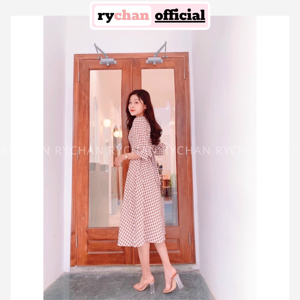 Đầm Xòe Caro Tay Phồng Cột Eo Sau - DX982