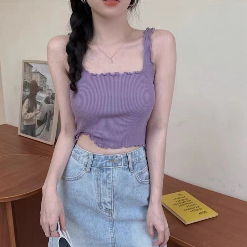Áo Croptop Dệt Kim Hai Dây Co Giãn Phong Cách Hàn Quốc Quyến Rũ Thời Trang Mùa Hè Cho Nữ
