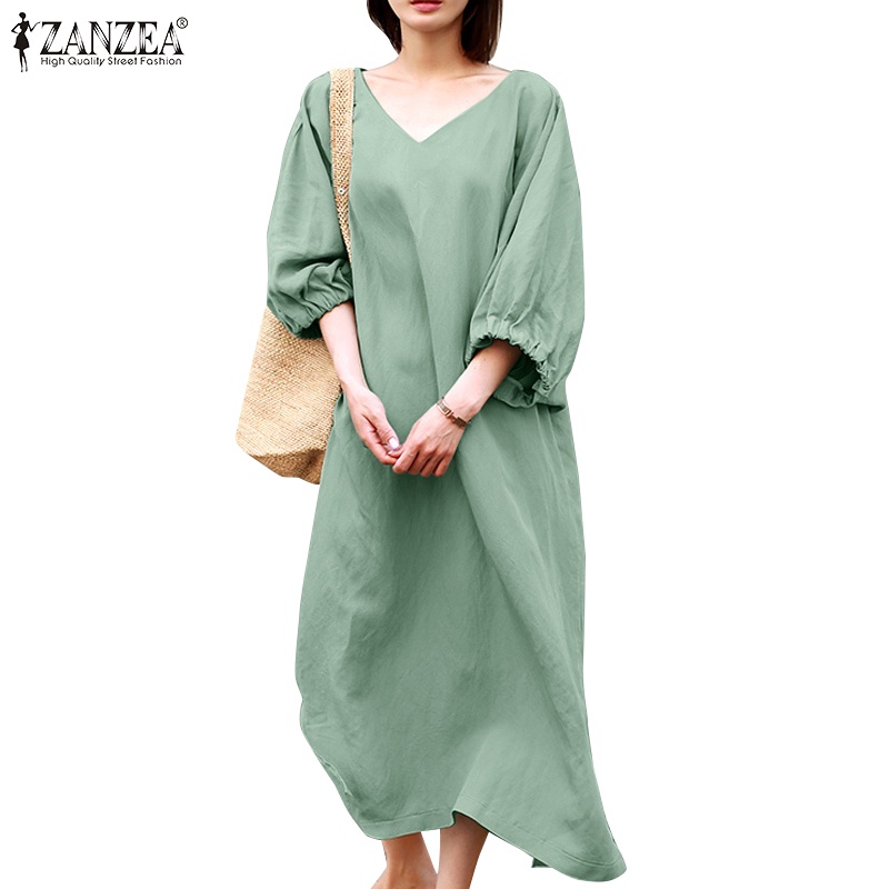 Đầm ZANZEA tay lửng màu trơn đơn giản hợp thời trang