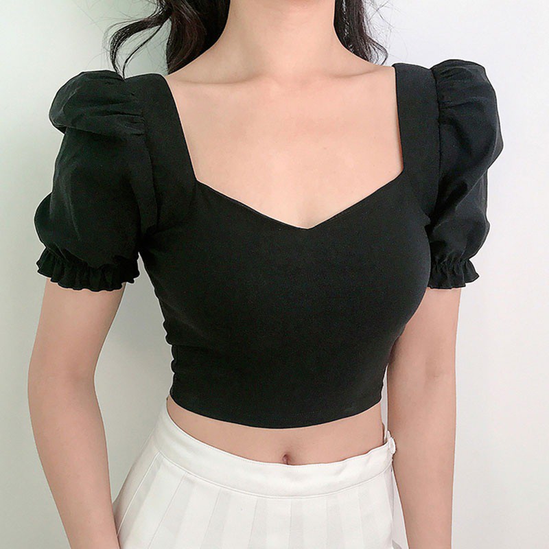 Áo crop top tay phồng cổ vuông màu trơn kiểu dáng quyến rũ dành cho nữ