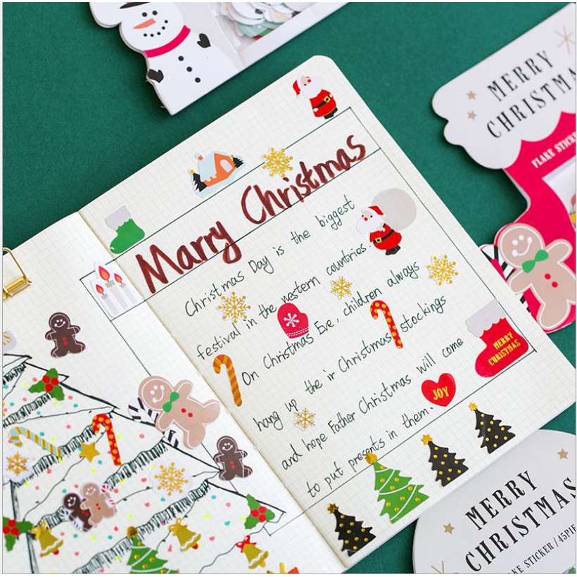 Bộ 45 nhãn dán Giáng sinh sáng tạo Hàn Quốc Gói bánh gừng Người tuyết  trang trí tự sổ thiệp mùa Noel