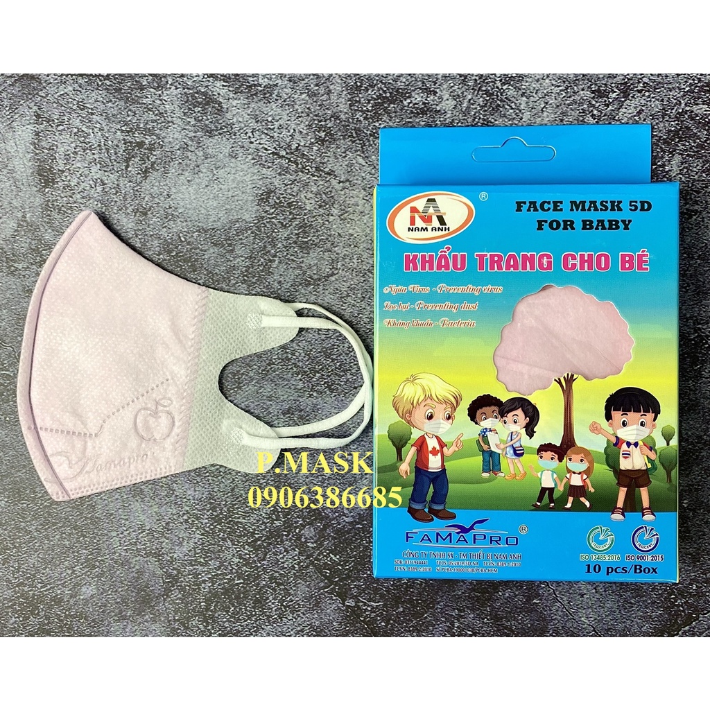 Khẩu trang cho Bé 5D FAMAPRO 3 lớp kháng khuẩn 10 cái / hộp màu Trắng / Xanh / Hồng
