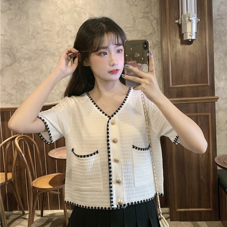 Xiaozhainv Áo cardigan dệt kim tay ngắn cổ chữ V phong cách cổ điển Hàn Quốc nữ tính | BigBuy360 - bigbuy360.vn