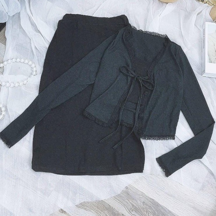 Set áo 3 món áo cardigan kèm áo 2 dây chân váy, áo 2 dây mix chân váy dáng dài AD134 | BigBuy360 - bigbuy360.vn