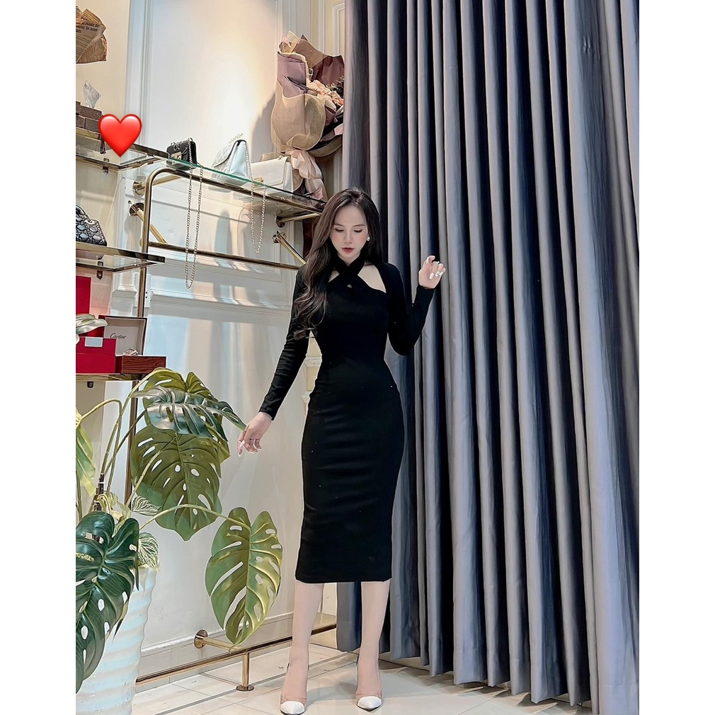 Đầm yếm chéo cổ tay dài ôm body dáng dài trơn cực hot , chất thun gân mềm mịn