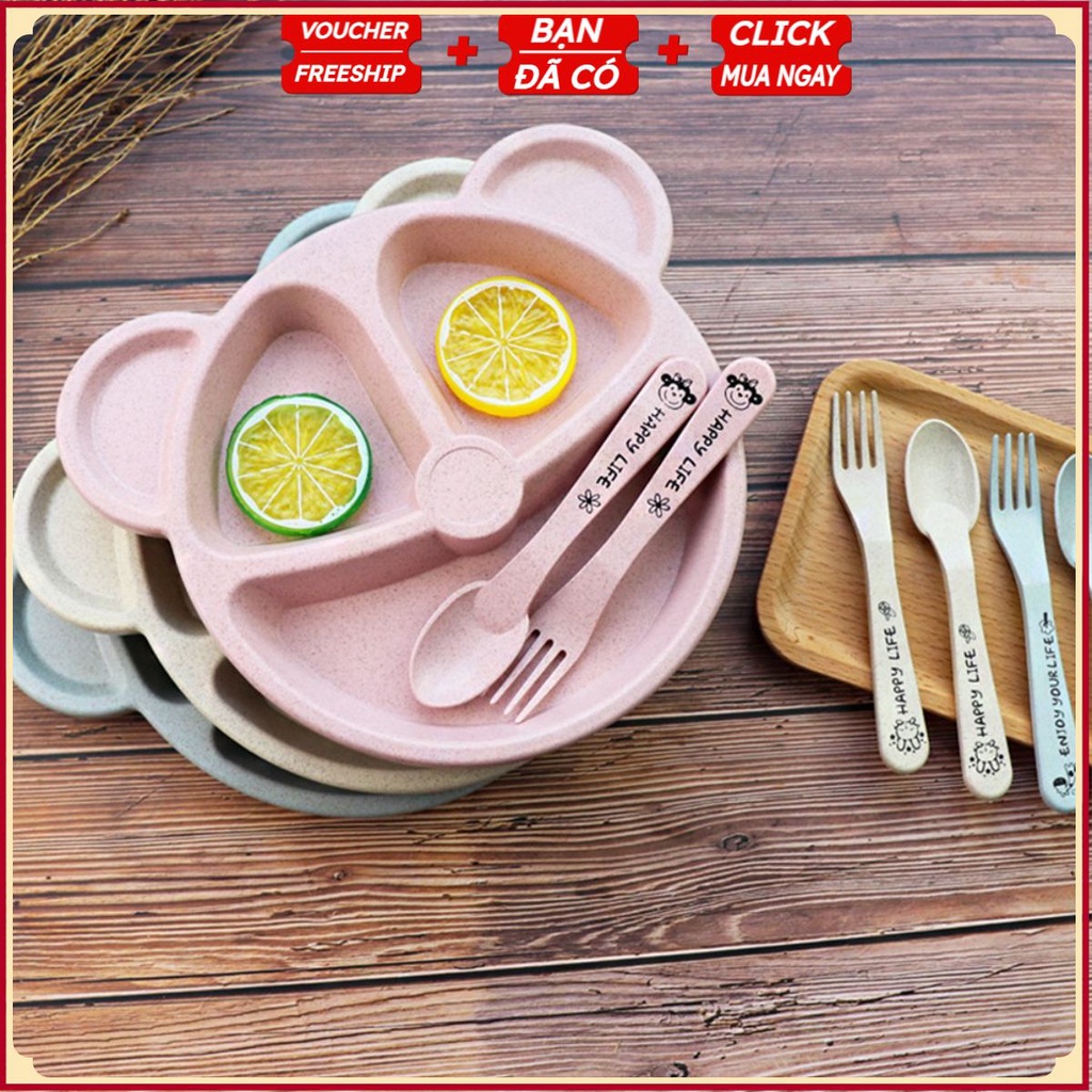 Set Bát Ăn Cơm 3 Ngăn MẶT GẤU V5 (TẶNG THÌA DĨA) Cho Bé - Chất Liệu Lúa Mạch An Toàn