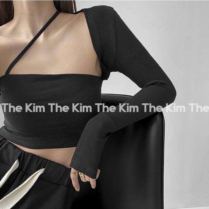 Áo len tăm dài tay croptop cổ vuông dây chéo ngực , thun tăm quây ngực tay dài The Kim AD135