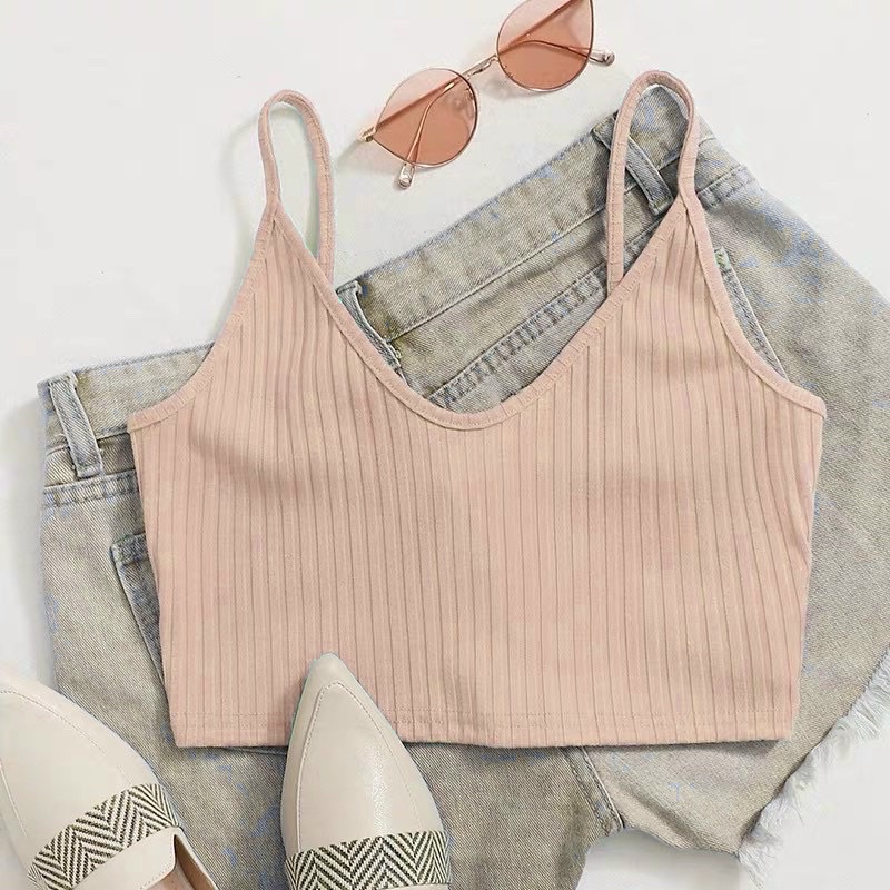 ÁO KIỂU HAI DÂY CỔ V, TIM THUN GÂN CO DÃN DÁNG CROPTOP TRƠN ĐƠN GIẢN BACSIC NỮ