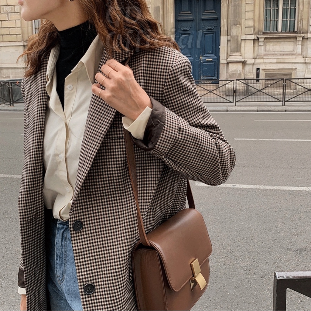 K41|Áo blazer nữ dáng vest tây khoác gió retro dài tay sọc caro nâu kaki rộng thụng suông trơn GD Official