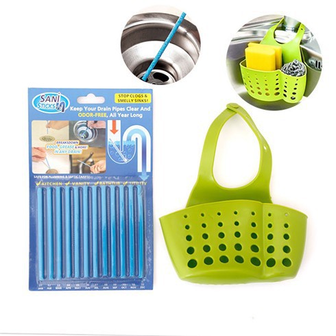 Combo giỏ treo vật dụng bồn rửa chén + que thông tắc cống - BX1297