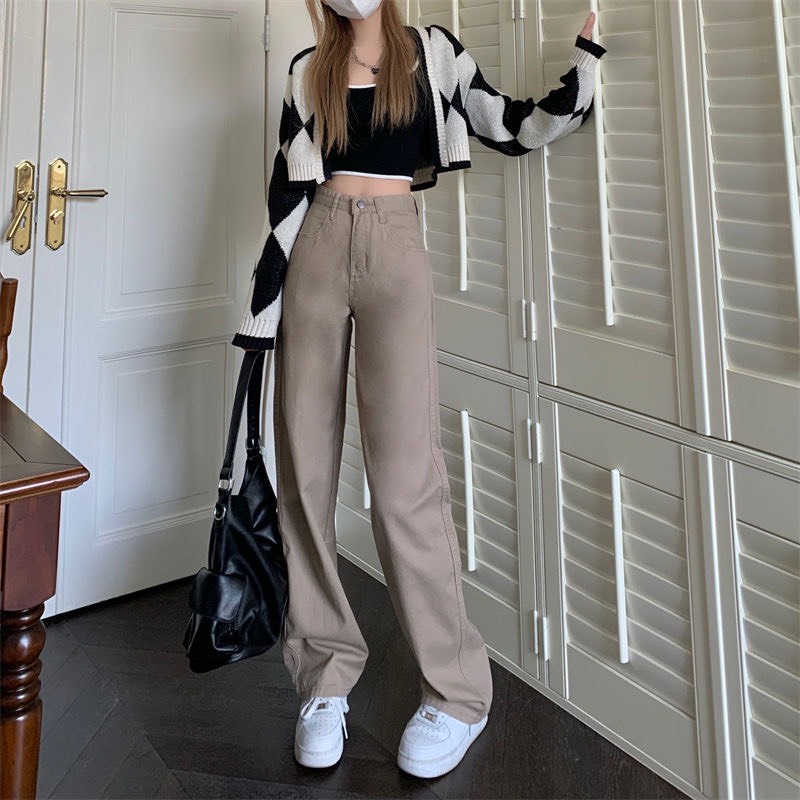 Quần jean nữ màu nâu sữa lưng cạp cao ống suông dài phom rộng chất đẹp loại 1 phong cách Ulzzang đi học đi làm đi chơi | BigBuy360 - bigbuy360.vn