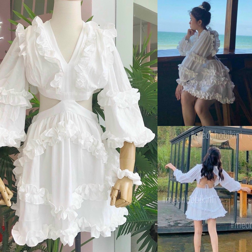 ĐẦM HOA CỔ V PHỐI BÈO CUTOUT EO - KÈM VIDEO