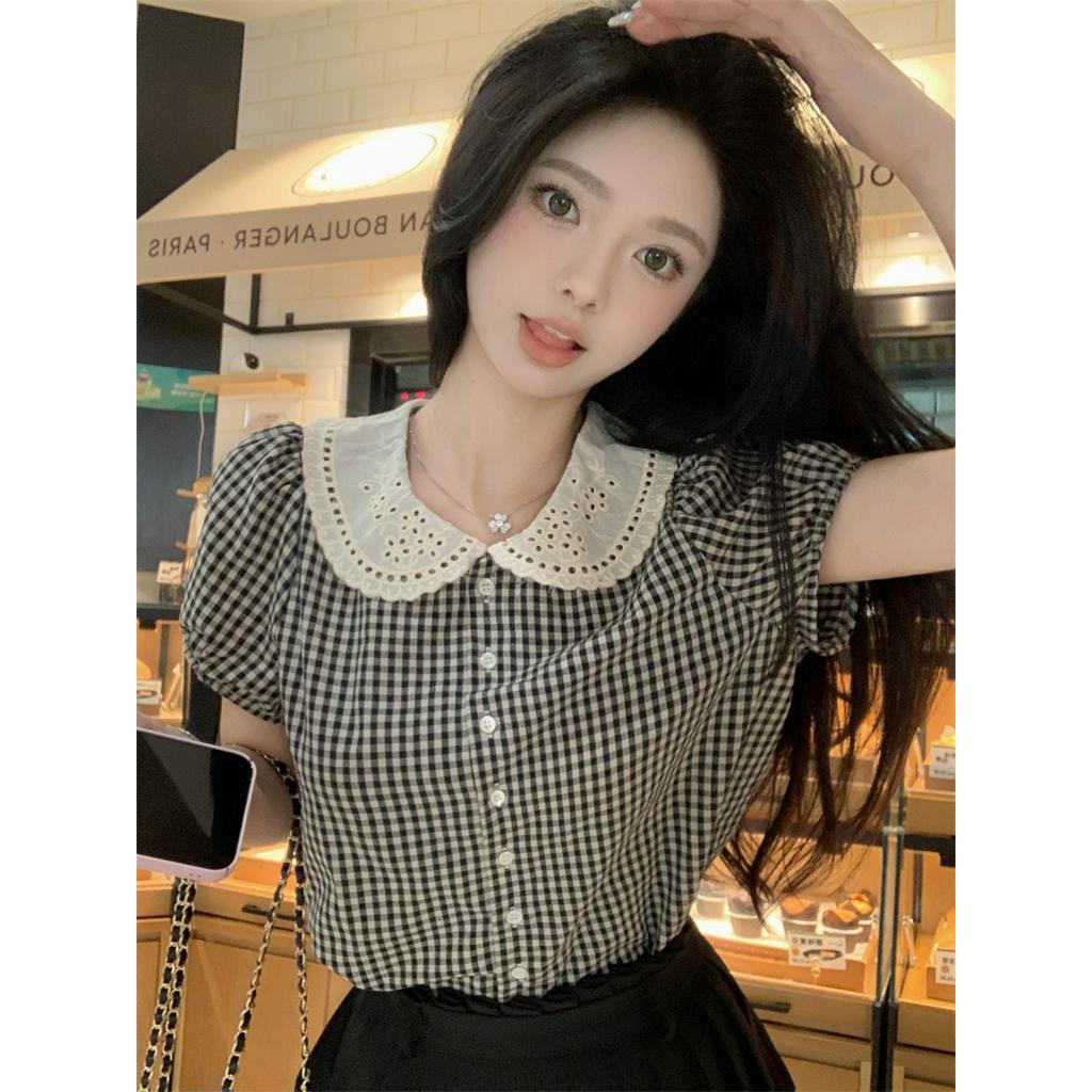 Áo Sơ Mi Kẻ Ô Cổ Tròn Ngắn Tay Phong Cách Hàn Quốc Mới 63694