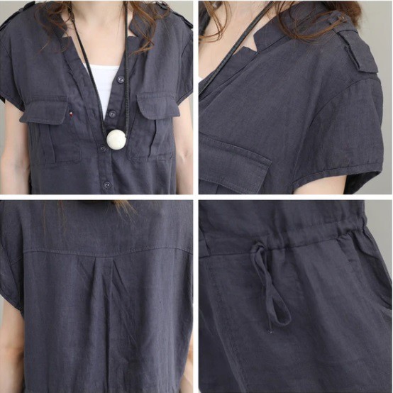 Đầm suông linen cổ V túi hộp thắt eo, thời trang phong cách Hàn