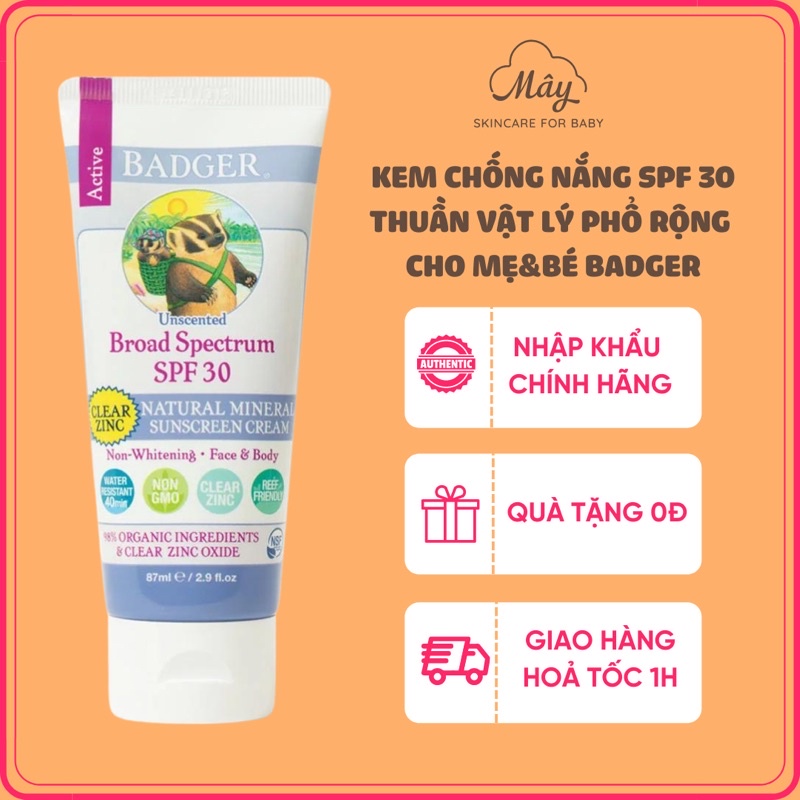 [Nhập khẩu chính hãng]Kem chống nắng hữu cơ Badger - SPF 30 cho bé từ 6m+