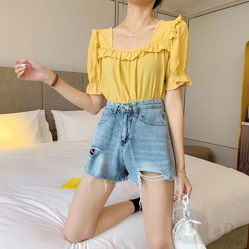 Quần Short Jeans Denim Lưng Cao Phối Rách Cá Tính