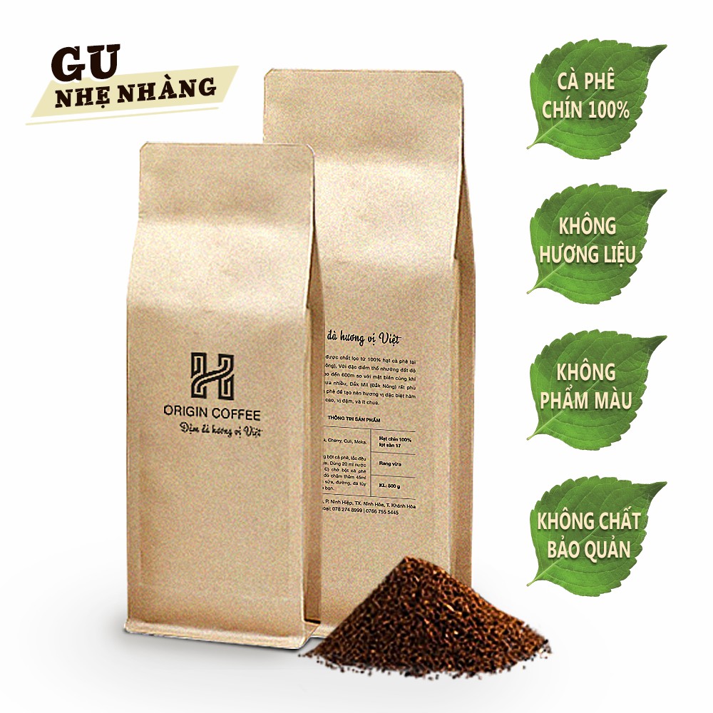 Cà phê rang mộc nguyên chất H ORIGIN COFFEE Gu Nhẹ Nhàng - thơm ngon cafe bột pha phin sạch 100% từ Đăk Mil- (500g)