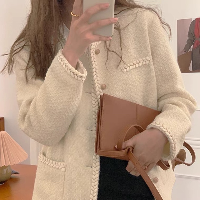 Áo khoác dạ tweed cổ điển viền đan cổ tròn phong cách Hàn Quốc
