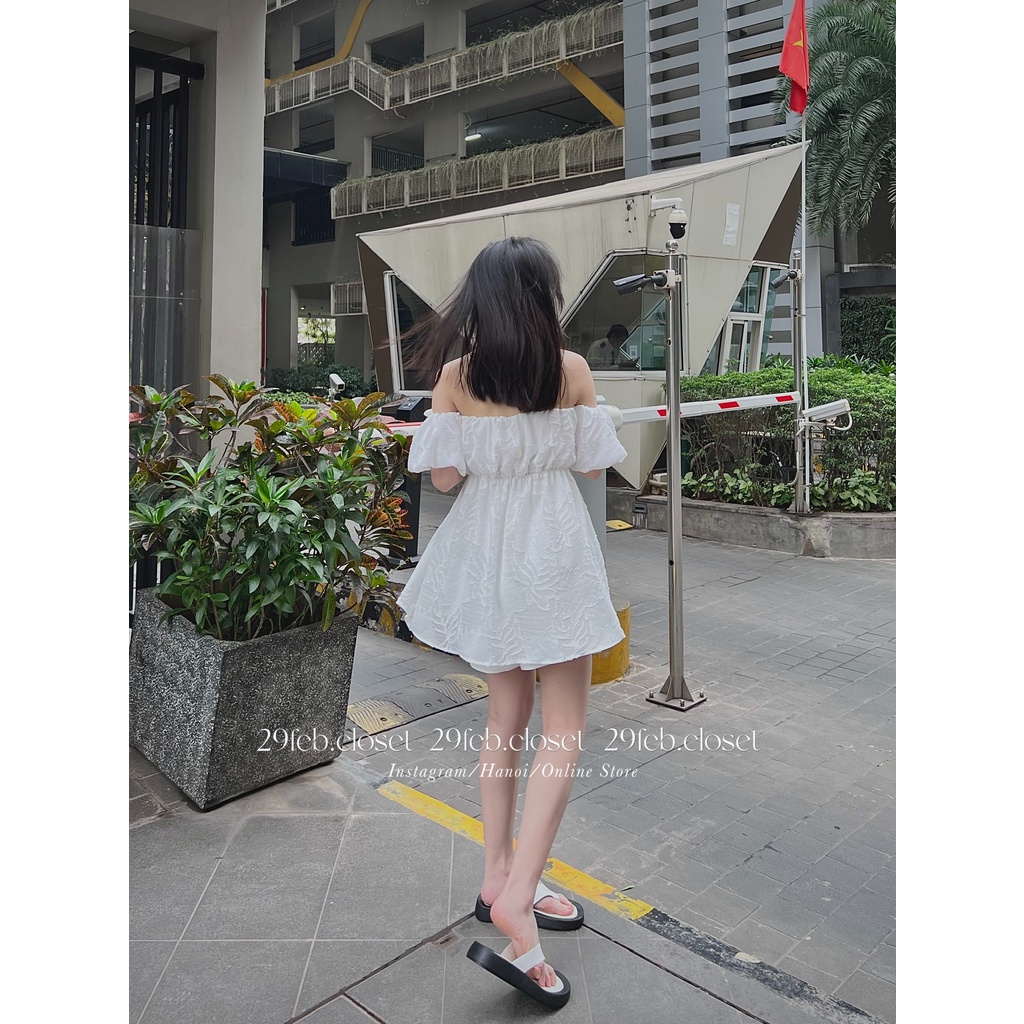 [Ảnh thật/Video] Set áo trễ vai hoa nổi kèm quần short thô mềm - 29feb.closet - S17