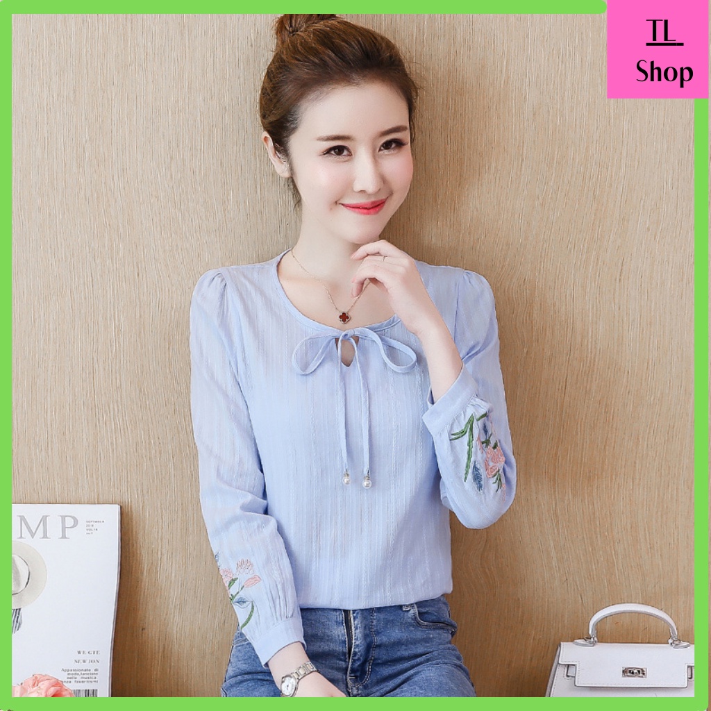 Áo sơ mi nữ - Áo kiểu nữ đẹp cổ ngọc tay thêu , chất thô lụa mềm min