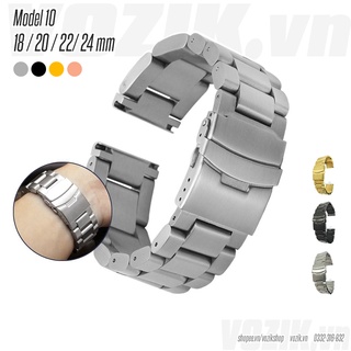 (18mm 20mm 22mm 24mm) Dây đồng hồ thép không gỉ inox VOZIK model 10 kiểu khóa bấm chống han gỉ