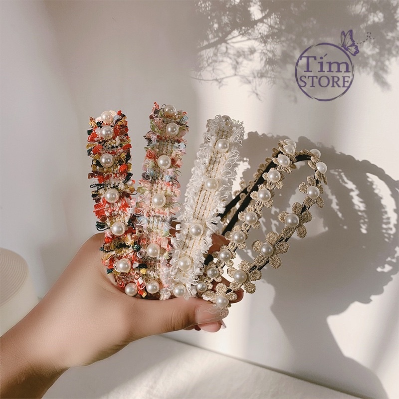 Băng đô cài tóc TÍM STORE phối ren hoa ngọc trai nhân tạo phụ kiện tóc dễ thương