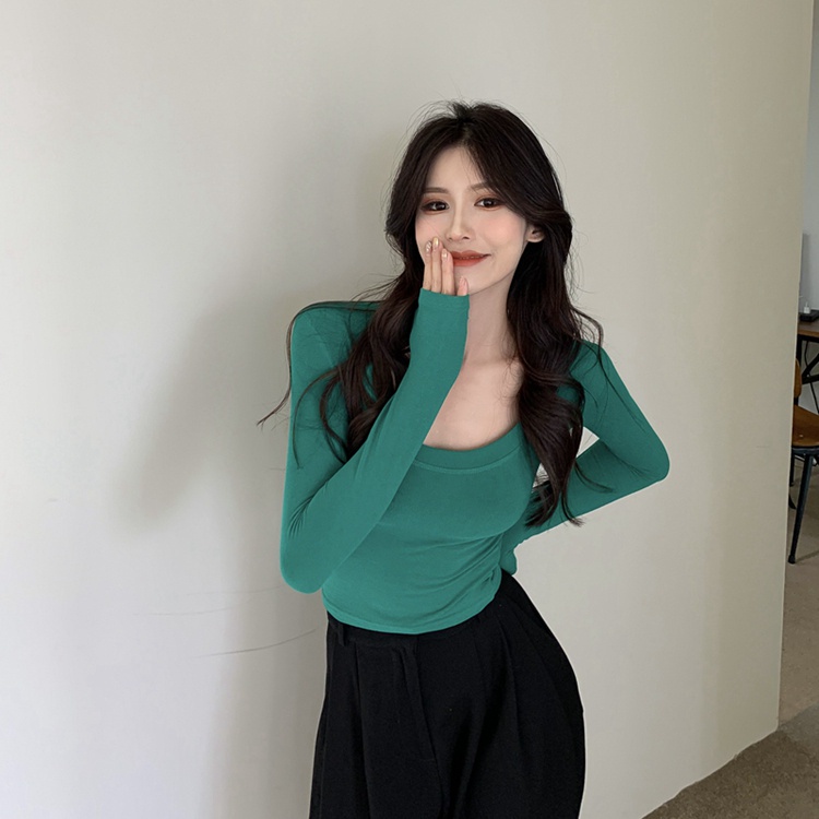 Áo thun QKOOLE tay dài cổ chữ U phong cách Hàn Quốc thời trang cho nữ