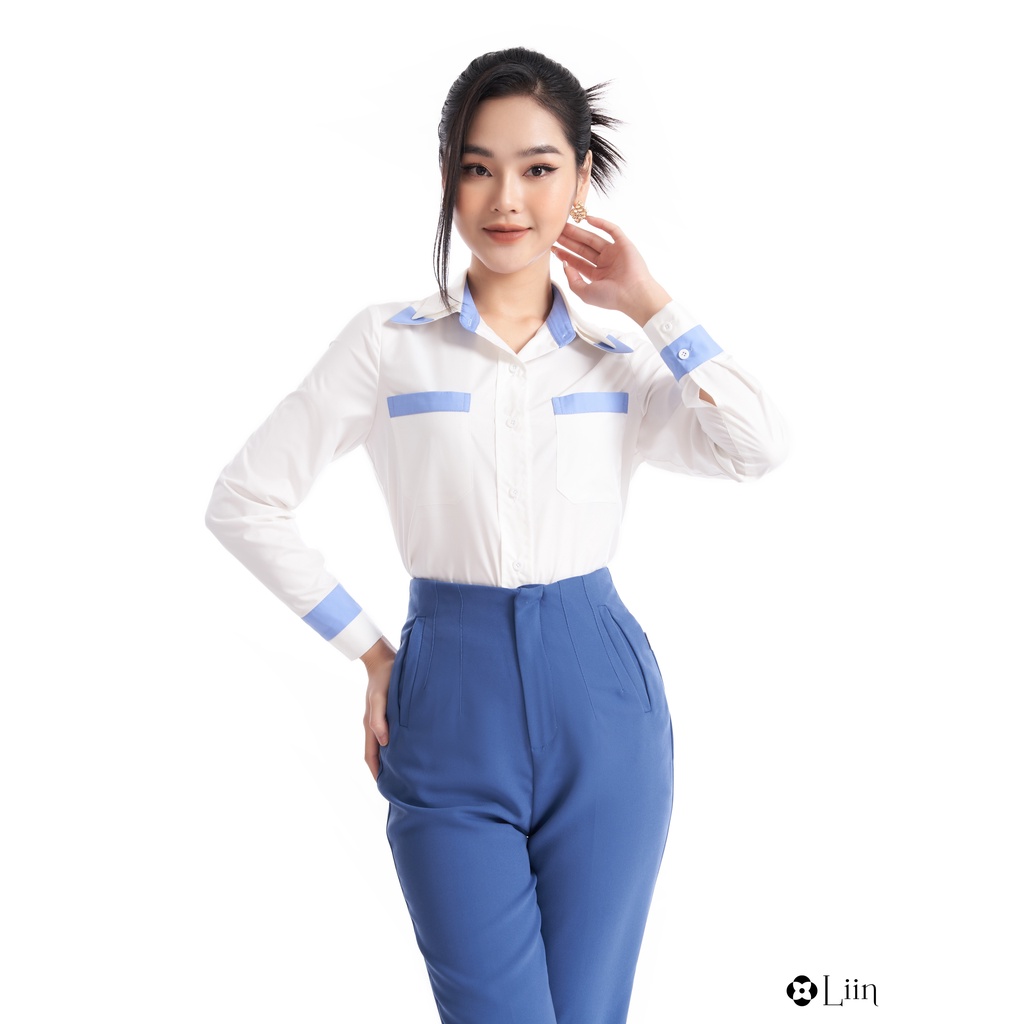 LIIN - Áo sơ mi trắng dài tay phối blue mix viền cổ xinh xắn LINBI SM4134