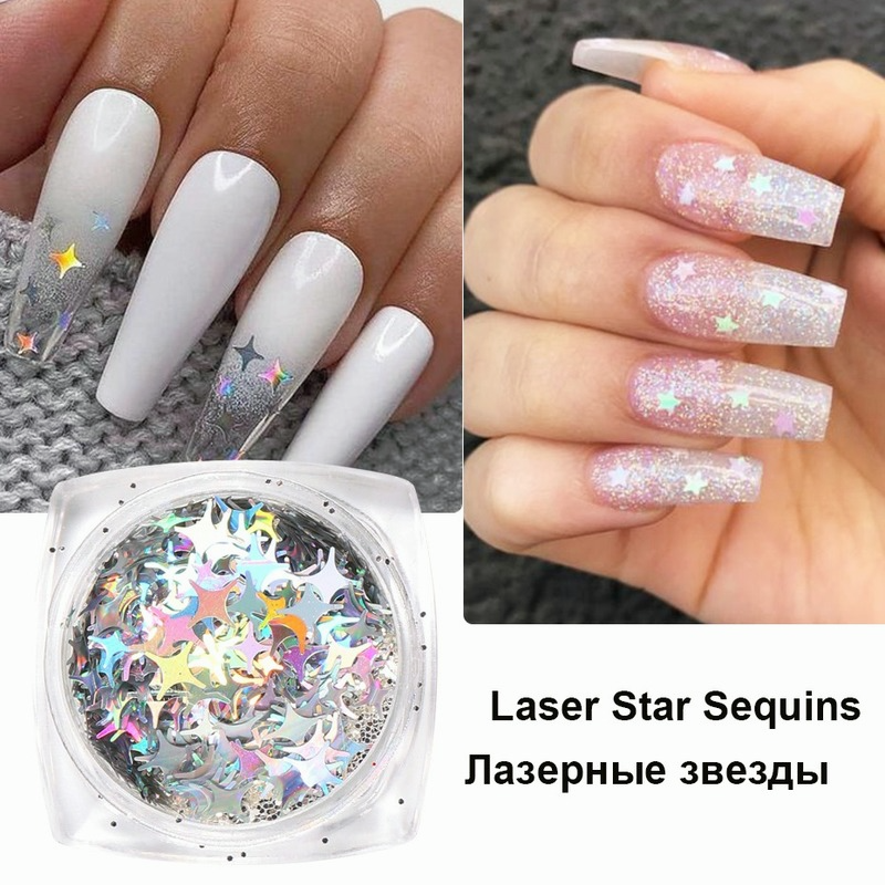 1 Box Laser Holographic Nail Glitter Flakes Sweet Love Heart Butterfly Star Sequin Paillette Silver 3D Slices Decor