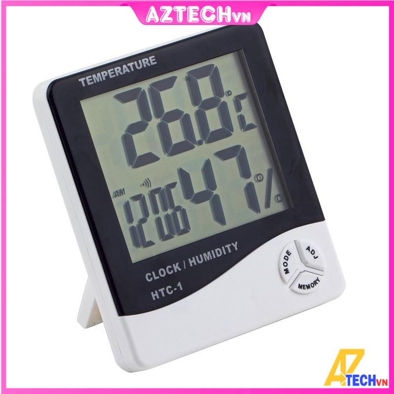 Nhiệt ẩm kế điện tử LCD HTC-1 đo nhiệt độ, độ ẩm trong phòng kiêm đồng hồ báo thức chính xác, tiện lợi