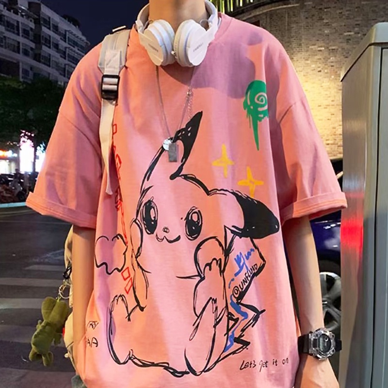 Áo Thun Tay Lỡ Thoáng Khí In Hình Pikachu Thời Trang Cho Nam Và Nữ Size M-5XL