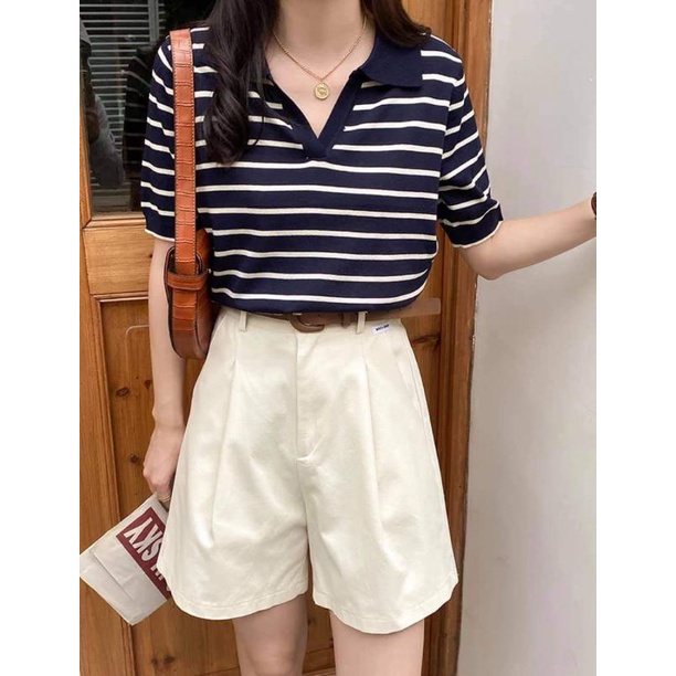 (Sẵn/Ảnh thật) Áo Polo nữ tay ngắn họa tiết kẻ ngang phong cách Hàn Quốc, Áo croptop kẻ ngang