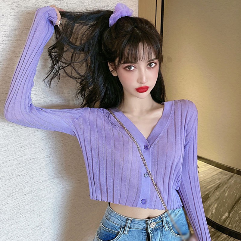Áo Khoác Cardigan Áo Len Croptop Mỏng Cadigan Dệt Kim Tay Dài Cổ Chữ V Chống Nắng Cho Nữ
