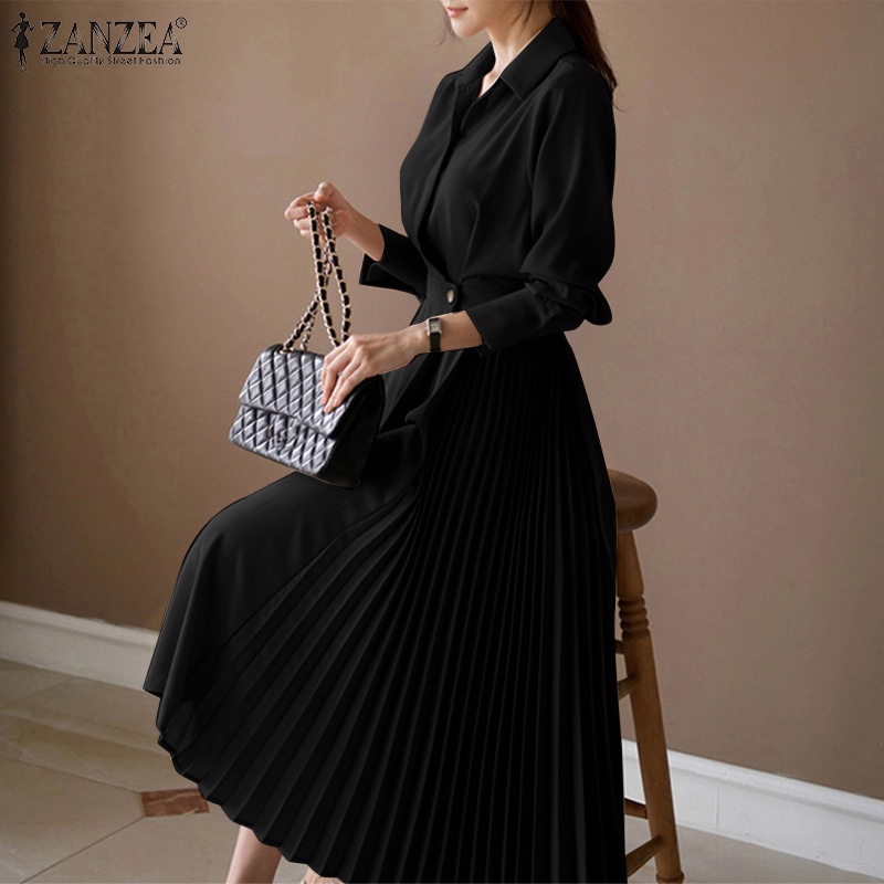 Đầm dài ZANZEA thiết kế đai eo tay dài xếp ly thời trang vintage thường ngày cho nữ