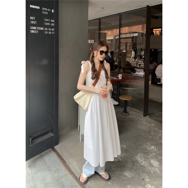 Đầm 2 dây dáng dài buộc nơ vai xinh xắn mặc đi chơi, du lịch/ Váy maxi cổ vuông 2 màu xanh, trắng thời trang hàn quốc