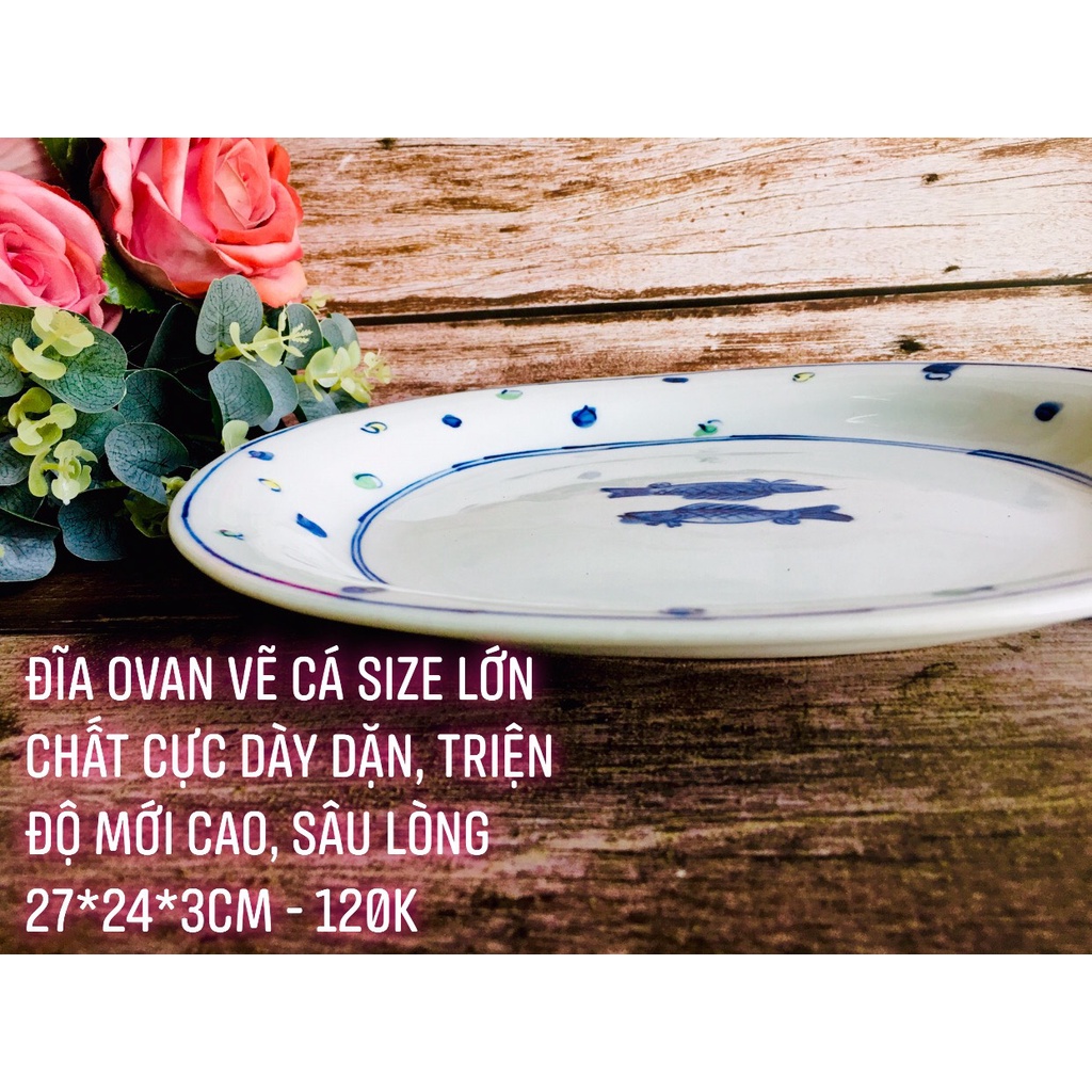 GỐM NHẬT - ĐĨA OVAN VẼ CÁ SIZE LỚN, SÂU LÒNG