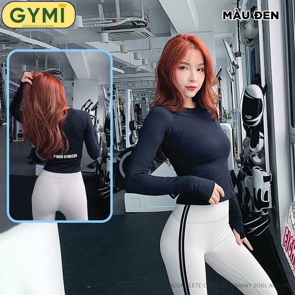 Áo tập gym yoga nữ dài tay GYMI AD18 dáng lửng thể thao logo C'mon Gymicon in sau lưng chất dệt cao cấp