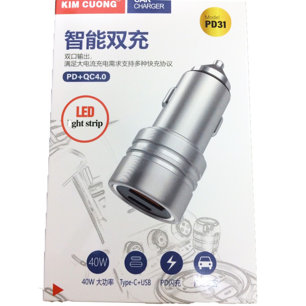 Tẩu sạc xe hơi ô tô ,củ sạc xe hơi kim cương đầu type-C USB - PD31 quick charge 4.0 kèm LED - Uni Shop