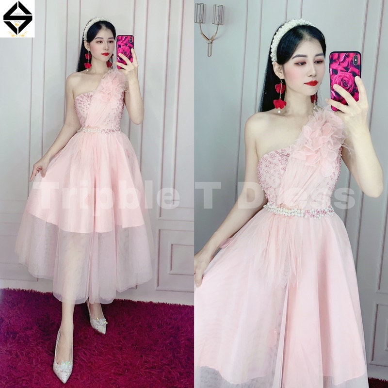 Đầm xoè dự tiệc lệch vai kết cườm và hoa nổi TRIPBLE T DRESS - size M/L - MS149V