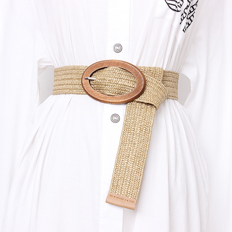 Thắt Lưng Bện Dây Co Giãn Phối Khóa Gỗ Phong Cách Bohemian Thời Trang Đi Biển Cho Nữ