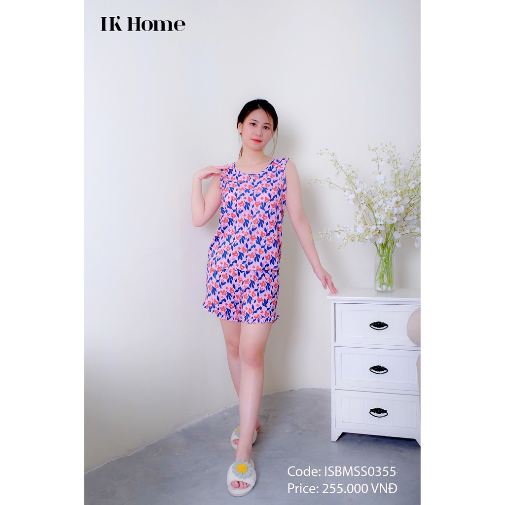 Set đồ mặc nhà IK. Bộ đồ lanh mềm mịn, siêu thoáng mát dáng Gile quần đùi phối viền ren , họa tiết hoa lá dễ thương