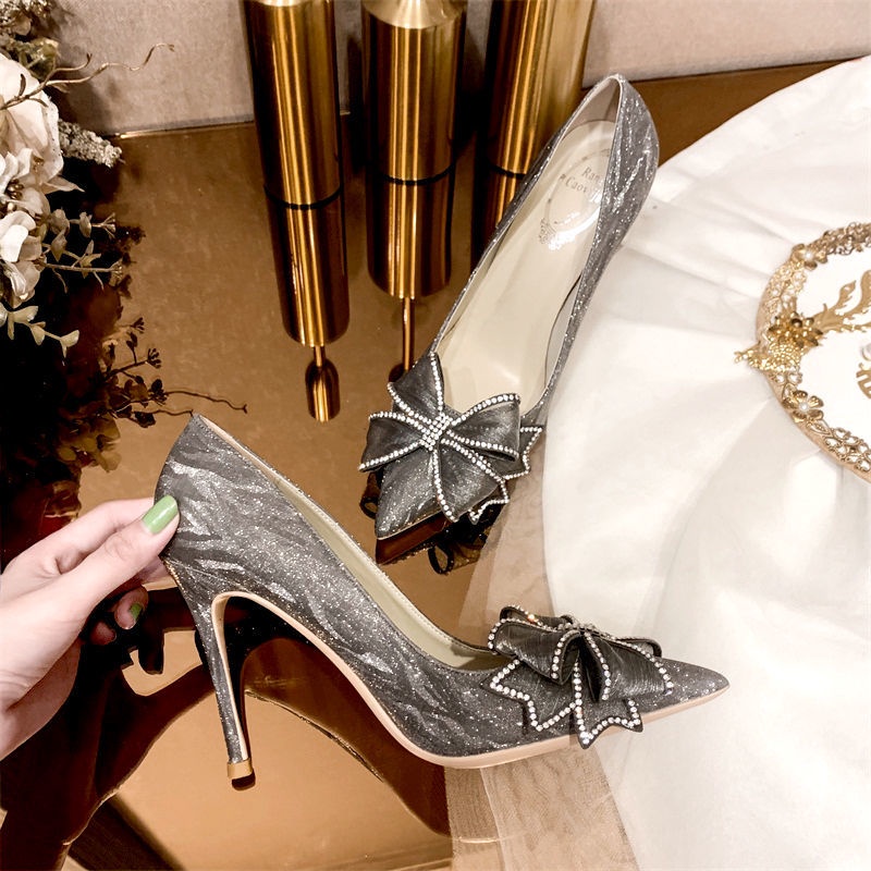 Giày Cao Gót Mũi Nhọn Đính Đá Pha Lê Thời Trang Mới 2022 Cho Nữ Giày Cao Gót Nơ  Fairy Bow Knot Baotou Crystal High Heels