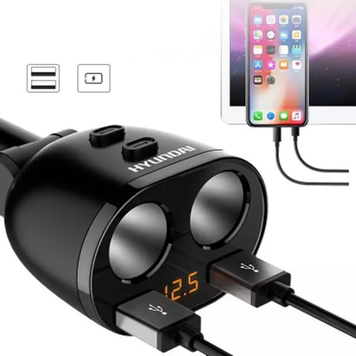 Tẩu sạc Ô tô, xe hơi Hyundai 2 cổng USB + 2 tẩu 12V tiện lợi có đèn led báo điện áp