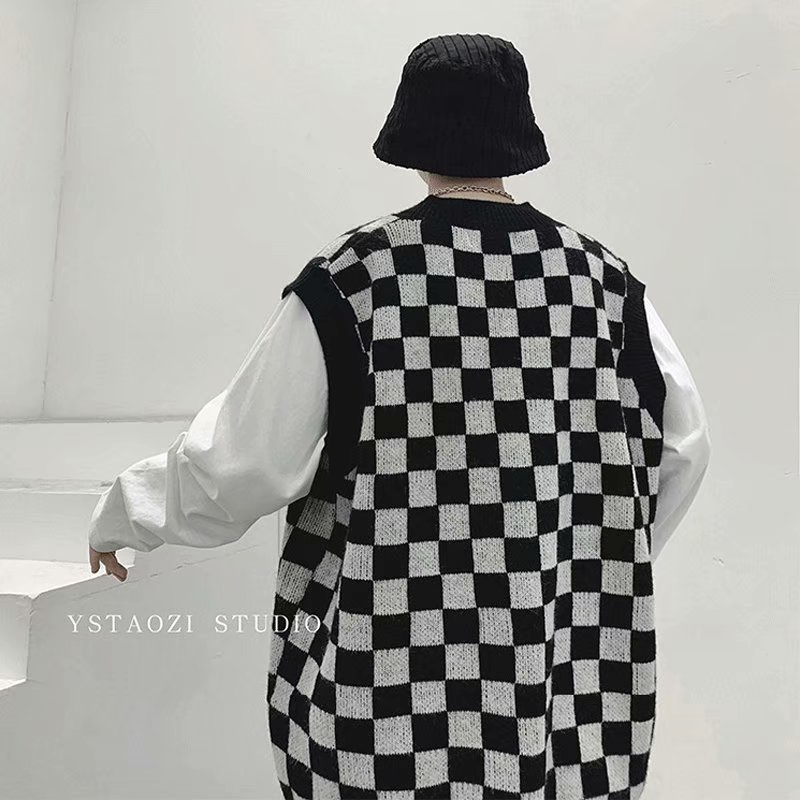 Áo len nam không tay cổ chữ V thời trang tính bigsize unisex sweater lưới điện bàn cờ fashion casual áo vest nữ