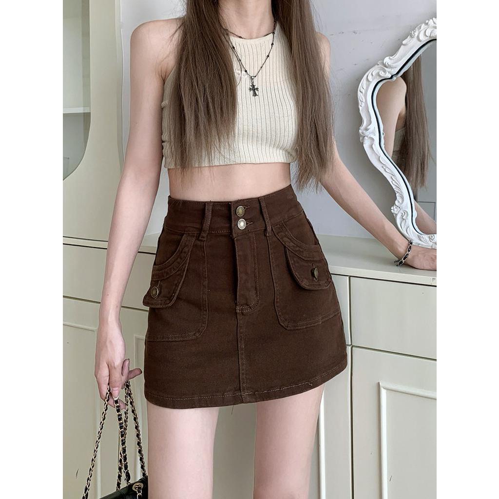 Chân Váy Denim Lưng Cao Dáng Chữ a Phối Hai Hàng Nút Phong Cách Thời Trang Mới 64996