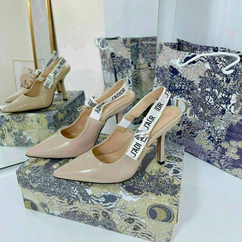 Giày Diorr bóng hở gót 9.5p quai thêu đen nude trắng