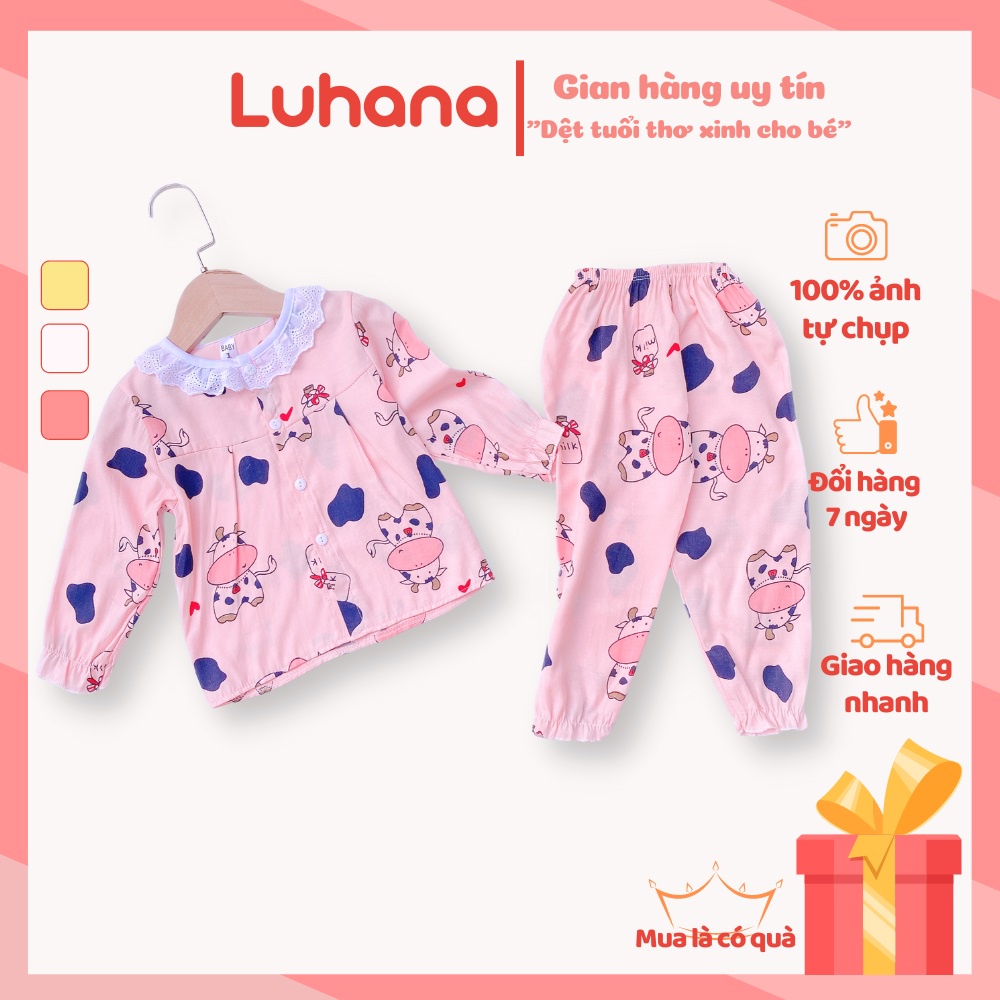 Bộ quần áo cho bé pyjama bò sữa chất đũi mềm, đồ bộ bé gái 1 tuổi tới 5 tuổi Luhana