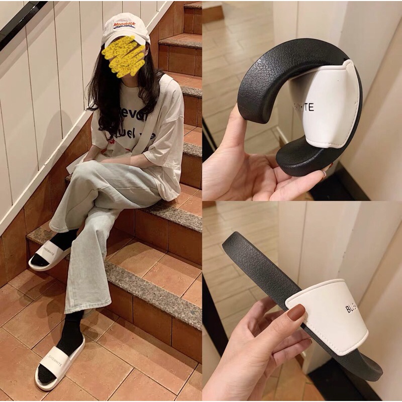 Dép ulzzang chữ trắng đen  phong cách Hàn Quốc kèm ảnh thật