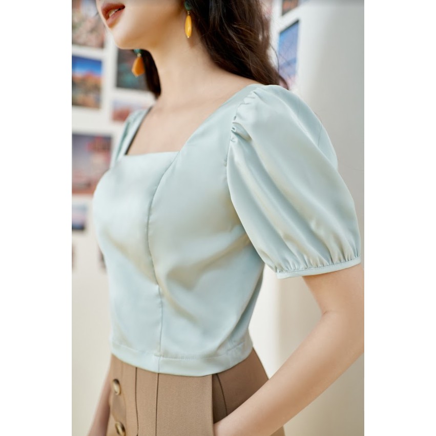 Áo sơ mi Croptop basic lụa xanh thiên thanh 1AO2129 ADORE DRESS | BigBuy360 - bigbuy360.vn