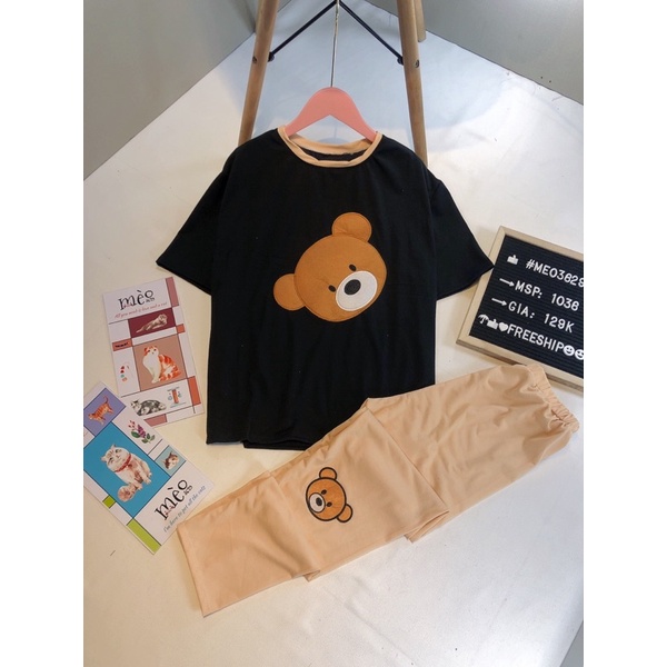 [Chuyên Sỉ] Bộ thun gấu thêu quần dài, chất thun đẹp hàng may kĩ, hình gấu thêu nổi sắc nét.